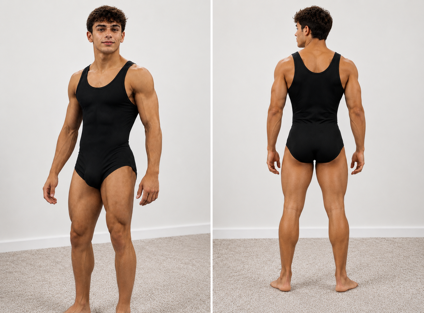 Men's short tank unitard (New) fine mesh, black, small